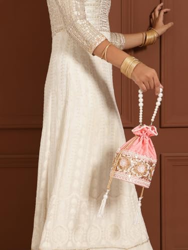 Image of THE TAN CLAN Pushp Zardozi Embroidered Mini Lotus Potli Bag - Handcrafted Silk Pouch with Intricate Zardozi & Lotus Design for Weddings, Bridal Accessories, and Special Occasions
