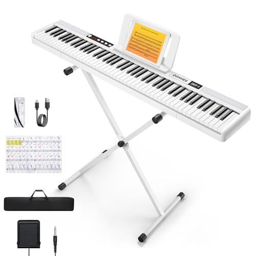 Donner DEP-1 Piano Keyboard 88 Tasten, Einsteiger Digital Keyboard Piano anschlagdynamische Tasten, tragbares E-Piano mit Ständer, Sustain Pedal, Tragetasche und Tastaturaufkleber, weiß