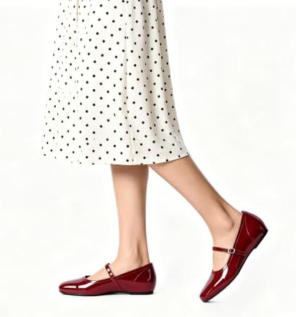 Cusolemore Women's Mary Jane Ballet Flat with Arch Support and Hidden Wedge Heel Burgundy Wine Red Patent PU Leather Size 8.5