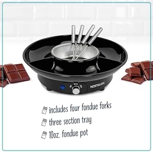 Nostalgia 10 oz electric fondue pot set for cheese chocolate 4 dipping forks 3 section food tray kitchen gadgets and appliances for hors deouvres entrees desserts black  urban country home decor
