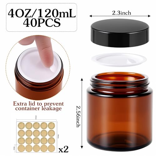 40 Pack 4 oz Amber Glass Jars with Lids – Small Cosmetic Containers with Inner Liners – Reusable Airtight Jars for Lotion, Cream, Bath Salts, Essential Oils2