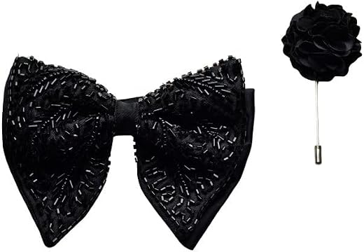 Calixto Premium Butterfly Embroidery Cut Dana Micro Fabric Big Bow Tie For Men With Flower Brooch Pin |Black| (Free Size).