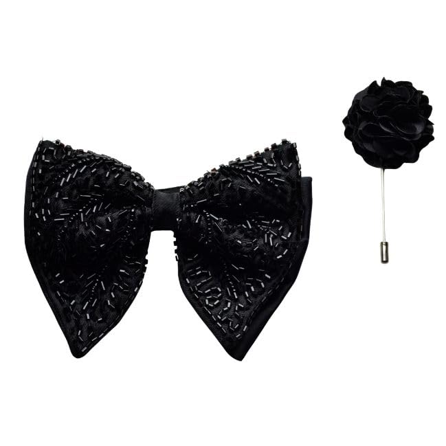 Calixto Premium Butterfly Embroidery Cut Dana Micro Fabric Big Bow Tie For Men With Flower Brooch Pin |Black| (Free Size). - Review, Price and Buying Guide