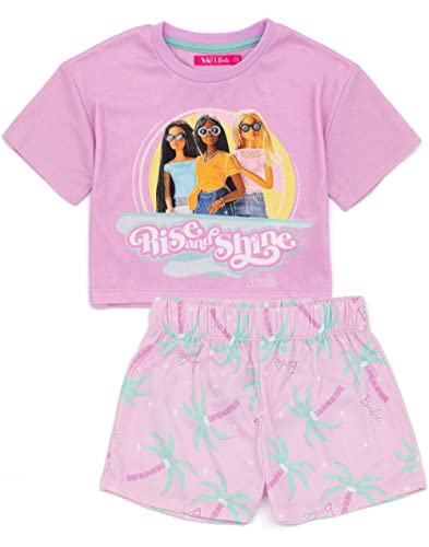 Barbie Girls Pajama Set | Kids Pink Crop Top T-Shirt Elasticated Shorts Complete PJs Bundle | Rise And Shine Doll Sleepwear