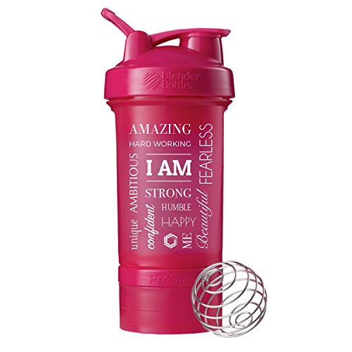 GOMOYO “I Am” Word Mesh on BlenderBottle Brand ProStak Shaker Cup, 22-oz. Protein Shaker Bottle with BlenderBall Whisk and 2 Twist n’ Lock Attachable containerss (Pink)