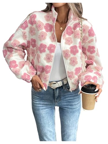 SOLY HUX Women's Zip Up Fleece Crop Jacket Long Sleeve Cute Floral Outerwear Coats Fall Winter Outfit