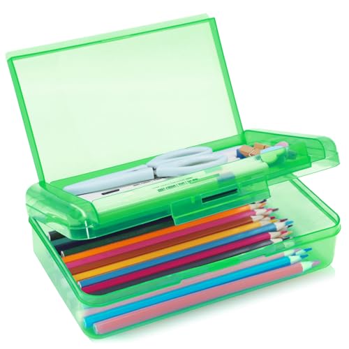 Image of 1 Pack Double Layer Hard Pencil Cases, Plastic Translucent Pencil Box with Snap-Tight Lid for Pens, Pencils, School, Stylish Office Supplies Storage Organizer Box,Medium-sized(Green)