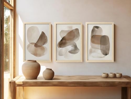 Image of BLINKART Set of 3 WATERCOLOR BLOBS BROWN Natural Brown Frame Painting for Wall Decoration - Modern Art Wall Decor Framed Painting for Living Room Bedroom - Framed Wall Posters /Paintings (8X12 inch)