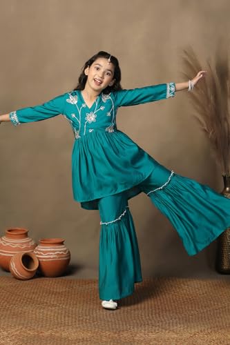 Image of Fashion Dream Girl's Chanderi Silk Ethnic Kurta and Sharara Set|Kids Salwar Suit Set|Sharara Set for Girls