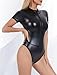 Faux Leather Bodysuit for Women Black Patent Leather Catsuit Lingerie Short Sleeve Skinny Bodysuit Front Zip Up Pvc Jumpsuit Mock Neck Cosplay Clubwear L