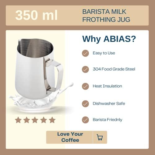 ABIAS Stainless Steel Milk Jug for Coffee Machine - 350ml / 12oz, Dishwasher Safe, Stainless Steel Milk Frothing Jug with Art Pen for Cappuccino Latte and Espresso