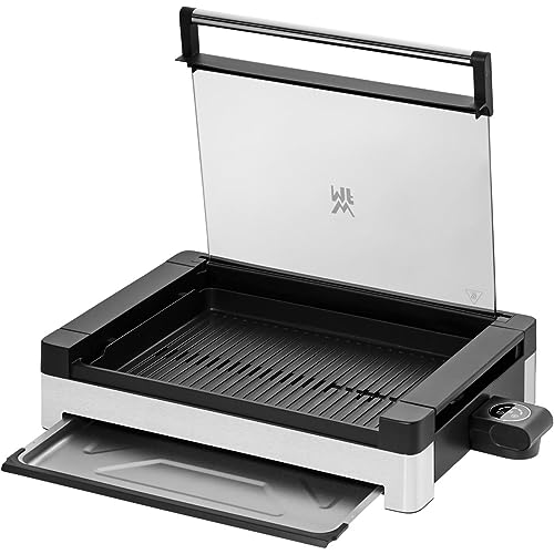 Foto von WMF Lono Tischgrill elektrisch mit Glasdeckel, beschichtete Grillplatte, herausnehmbare Auffangschale, spülmaschinenfest, Edelstahl matt, 2200 Watt