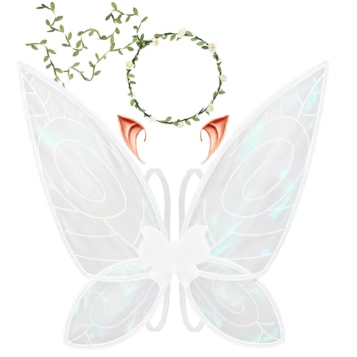 LOHZAQ Fairy Wings for Women Girls,25 'x16 Sparkling Butterfly Wings for Adults Fairy Costume Accessories Floral Headpiece,Elf Ears - Wings Cosplay,Party Favor Halloween Dress Up M White
