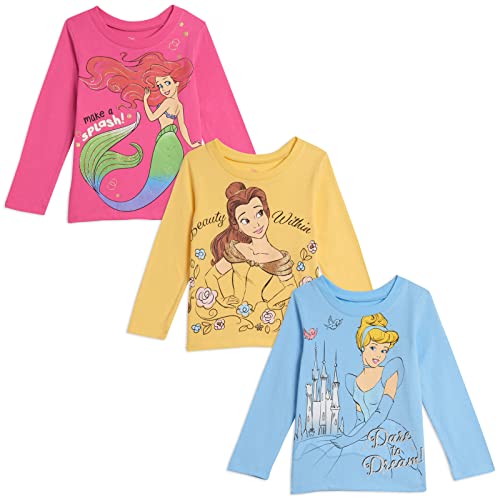 Disney Princess Ariel Cinderella Tiana Belle Jasmine Moana 3 Pack T-Shirts Toddler to Big Kid