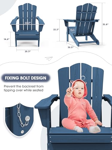 KINGYES Folding Adirondack Chair, HDPE All-Weather Patio Chairs, Wooden Textured Lawn Chair for Poolside, Backyard, Deck, Fire Pit, Navy