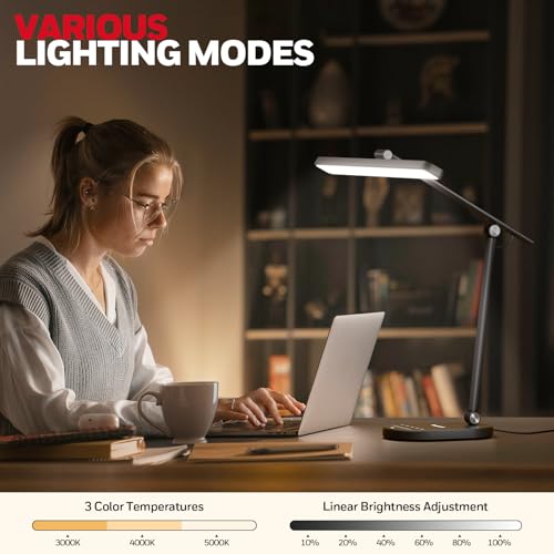 Honeywell LED Desk Lamp for Home Office - H4 Sunturalux™ Eye-Caring Desk Light, 14W Dimmable Table Lamp with 3 Color Modes, 5 Brightness Levels, Auto-Dimming, Timer, Touch Control Reading Lamp