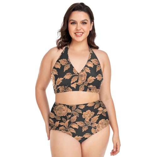 Maillot de bain 2 pièces femme taille haute imprimé floral noir