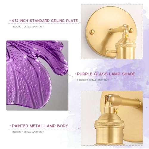 Image of 2-Light Bathroom Vanity Lights Purple Flower Glass Shade, Brushed Gold Brass Wall Sconce Over Mirror Vintage Vanity Wall Light, Mid Century Wall Lighting Farmhouse Bedroom Doorway