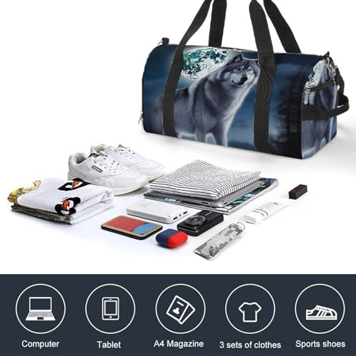 Travel Gym Duffle Bag, Wolf Under Moon Print Duffle Bags,womens Mens Gym Bag,gym Bags,gym Bag with Shoe Compartment4