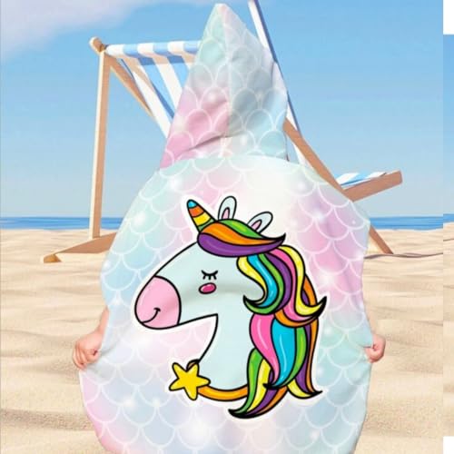 Image of Famyo Poncho Towel for Kids | Hooded Micro-Fiber Bath Towels | 60 x 60cm Toddler Pool Towel for Boys & Girls, 1-7 Years (Pink & Blue Unicorn)
