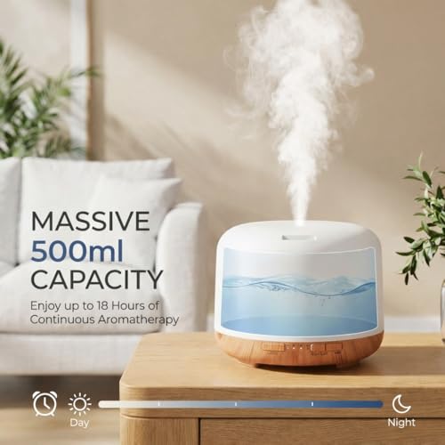 Image of 500 ml Essential Oil Diffuser | Ultrasonic 5-in-1 Aromatherapy Humidifier | Timer & Auto-Off Safety | Quiet Air Humidifier | LED Night Light