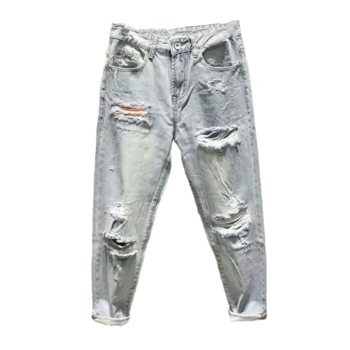 Men's Hip Hop Harem Cropped Light Blue Trousers Jeans with Holes