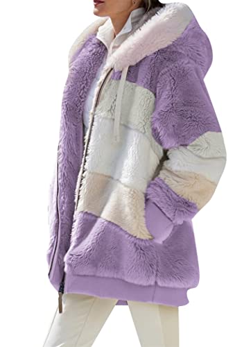 OMZIN Giacca In Pile Da Donna Teddy Bear Giacca Invernale Cappotto Casual Caldo Peloso Con Tasche Viola 3XL