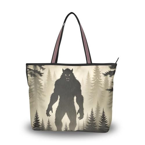 Women's Tote Bag Purse Shadow Werewolf Print, Reusable Grocery Handbag Bags with Zipper Large