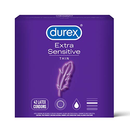 Durex Extra Sensitive Condoms, Ultra Thin, Lubricated Natural Rubber Latex Condoms for Men, FSA & HSA Eligible, 42 Count (Pack of 2)