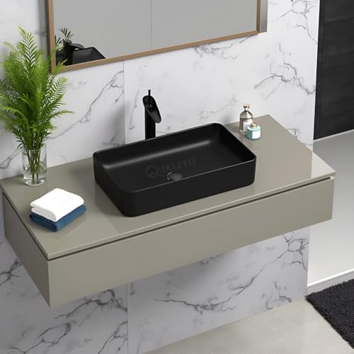Image of QUALITO Designer Table Top Wash Basin for Bathroom, Living Room, Hall, Dinning Room | Big Size Black Ceramic Vessel Sink /Basin | Glossy Finish Marble Vanity Basin (24x14x5 Inch, Black)