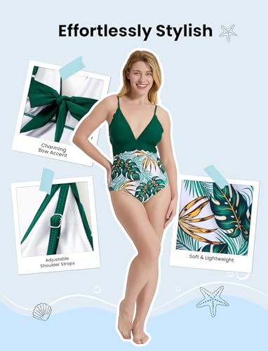 Image of PATPAT Mommy and Me Matching Swimsuit:One Piece V Neck Bathing Suits Leaves Printed Family Swimwear Matching Set