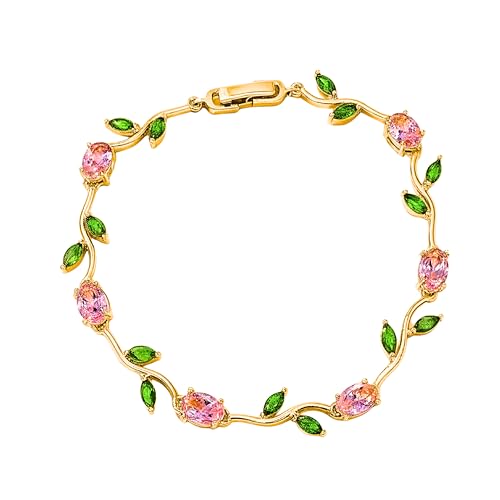 Image of Trend It Anti-Tarnish Tulip Bracelet for Women |Floral Bracelet with Pink & Green Crystals, Perfect Party & Gift Jewellery, Trendy Bracelet For Ladies