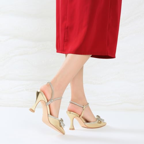 Image of Susanny Women's Closed Toe Rhinstone Wedding Low Heel Slingback Clear Kitten Heels,Adjustable Strap Pointed Toe Bow Pumps High Heeled Prom Dress Shoes