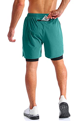 Image of Pudolla Men's 2 in 1 Running Shorts 5 inch Quick Dry Gym Athletic Workout Shorts for Men with Phone Pockets