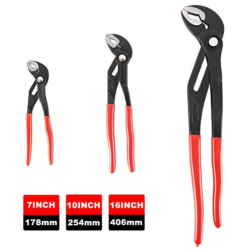 Image of HighFree 3PCS Water Pump Pliers Set 7Inch, 10Inch, 16Inch, Tongue and Groove Pliers Set Quick Adjustment by Pressing and Sliding Grips Any Shaped Object