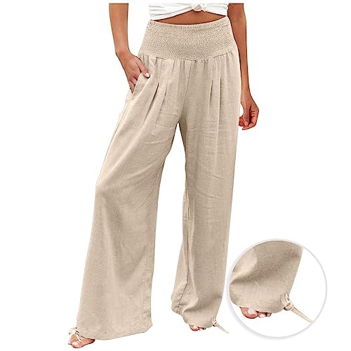 Womens Linen Palazzo Pants Summer Boho Casual Wide Leg Smocked Waist Comfy Lounge Trousers Beach Vacation Outfits2