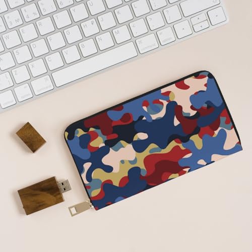 Leather Thin Slim Wallets for Women & Men - Navy Red Camo Print Card Wallet Holder with Zipper4
