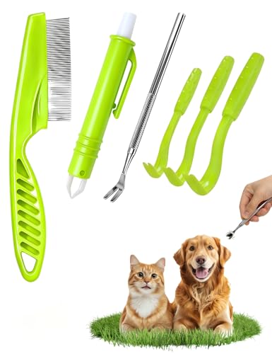 Tick Removal Tool 6 in 1 Pet Tick Remover Kit with Flea Comb Portable Outdoor Stainless Steel Control Fork 3 Ultra-Safe Tick Twister for Dogs Cats Horses & Humans (Green)