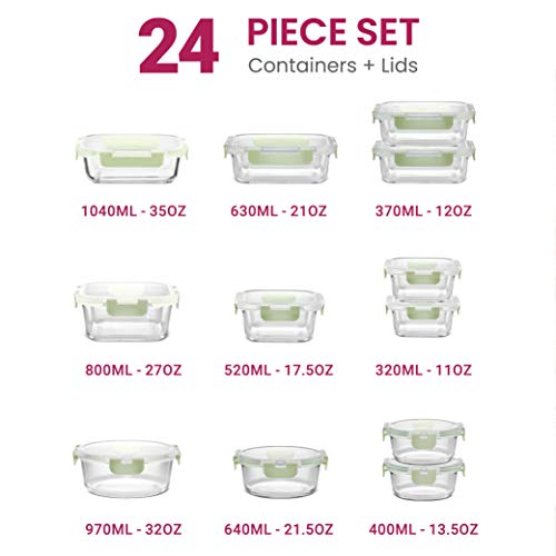 FineDine 24 Piece Glass Storage Containers with Lids - Airtight, Leak Proof, Dishwasher Safe, Glass Food Storage, Food Storage Containers, Meal Prep Containers, Green