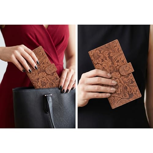 Image of Oak Leathers Checkbook Cover Slim Minimalist For Men with RFID Blocking Credit Card Holder Wallet (Vintage Flower Cognac)