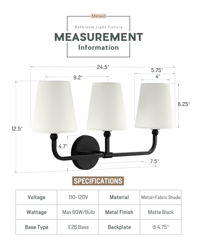 Image of Bathroom Light Fixtures, 3-Light Matte Black Vanity Lights with Flared Beige Fabric Shade, Vintage Sconces Wall Lighting for Hallway Bedroom, VL837-MB-B-3