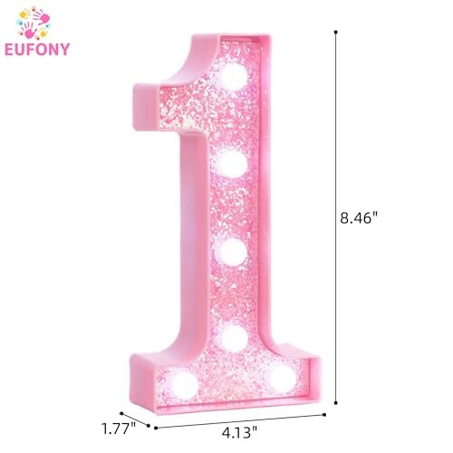 Image of Pink Light Up Marquee Numbers, Glitter LED Number Lights Signs Battery Operated for Girls 1st 10th 12th 16th Pink Birthday Party Table Decorations, 8 Inch Tall Number 1 with Cool White Lights