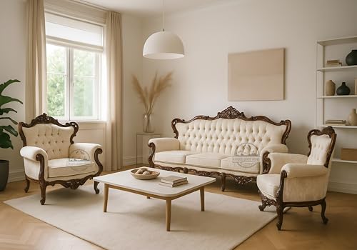 Image of Royal Carved Wooden Sofa Set | 3+1+1 Seater | Antique with Button Tufted Velvet Upholstery | Victorian Style Living Room Furniture Tufted Sofa Set Grey 3-Piece (Design 7)