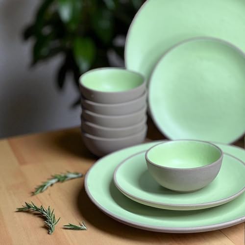 Image of Hand Painted Ceramic Dinnerware Set - 18 Pieces | 6 Dinner Plates, 6 Small Plates, 6 Katori Bowls | Earthy Mint | Microwave & Dishwasher Safe | Perfect for Home & Gifting