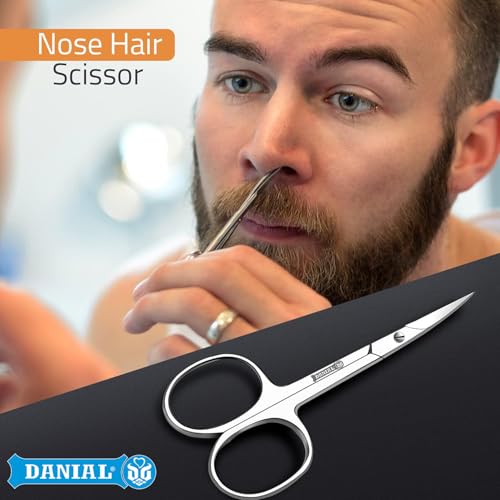 Image of DANIAL Eyebrow Scissors, Small Scissors for Men and Women - Curved and Rounded Nose Hair Scissors for Grooming Mustache, Beard, Eyelashes, Ear Hair Trimming- Professional Stainless Steel - Silver