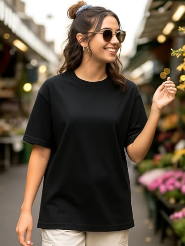 Image of Bewakoof Women's Solid Oversized Fit Half Sleeve Round Neck Cotton Jersey T-Shirt