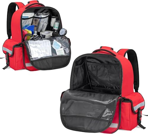 Image of AHM Emergency Medical Backpack Empty, First Responder EMT Bag for EMS, Camping, Hiking, Home Health, Field Trips - Red (Bag Only)