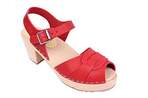 Lotta From Stockholm Swedish Peep Toe Clogs - Red Leather Clogs for Women I Supportive & Comfortable Wooden Clog I 2 3/4 inch Heel & 3/4 inch Platform-35