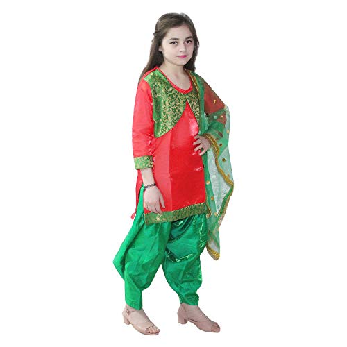 Image of Kaku Fancy Dresses Indian State Punjabi Folk Dance Costume For Kids | Baisakhi /Lohri Festival Dance Costume | Salwar Suit With Dupatta For Girl Costume - Red & Green, 3-4 Years