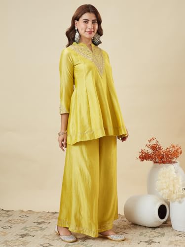 Image of MOKOSH Women's Silk Embroidery Kurta Sharara with Dupatta | Kurta Set | Embroidered |Indian Kurta Outfit with Sharara | 3 Piece Outfit |Straight Ethnic Suit 4 Colour Options Available